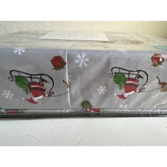 Rae Dunn Christmas Santa Claus Sleigh Reindeer QUEEN SIZE Soft Sheet Set Grey - Picture 9 of 16